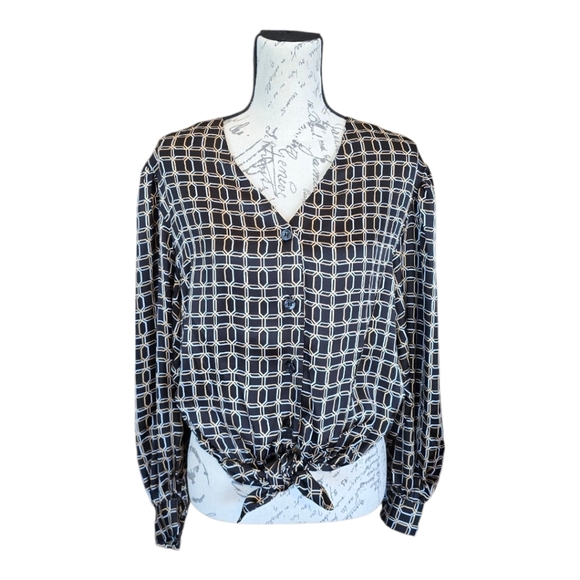 DR2 Black White Tan Geometric Print Long Sleeve Button Up Blouse M - Picture 1 of 8